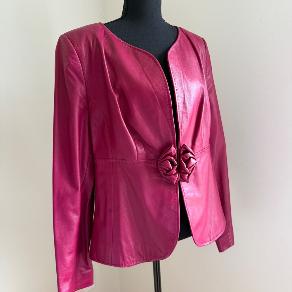 Escada Pink Lambskin Leather Jacket Rosette Detail Tailored Designer EU 44 90's
